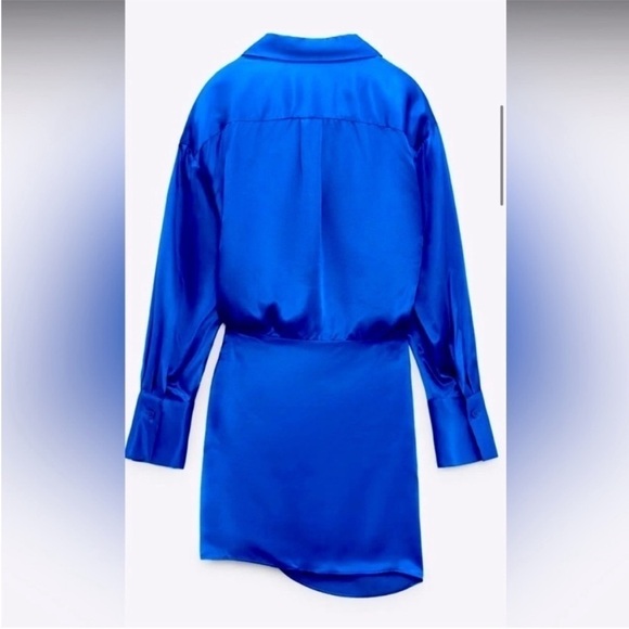Zara Woman Blue Satin Effect Long Sleeve Wrap Mini Dress Blogger Fav Size L NWT - Picture 7 of 16
